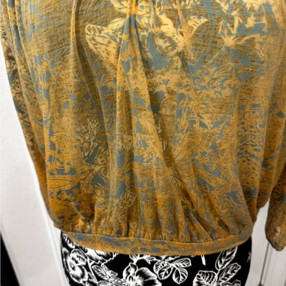 FREE PEOPLE Boho Burnout Cropped Top Turquoise Beaded 3/4 Sleeve Mustard Yellow - Picture 4 of 11